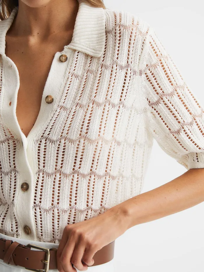 Reiss Tops Savannah Short Sleeve Crochet Shirt Ivory 8211 Women