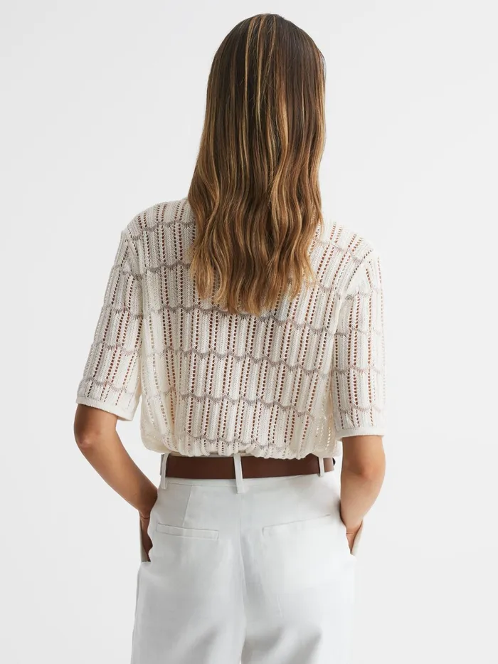 Reiss Tops Savannah Short Sleeve Crochet Shirt Ivory 8211 Women