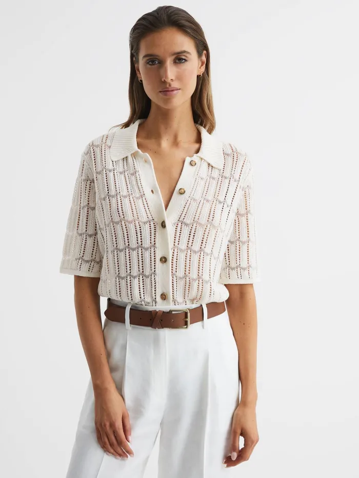 Reiss Tops Savannah Short Sleeve Crochet Shirt Ivory 8211 Women