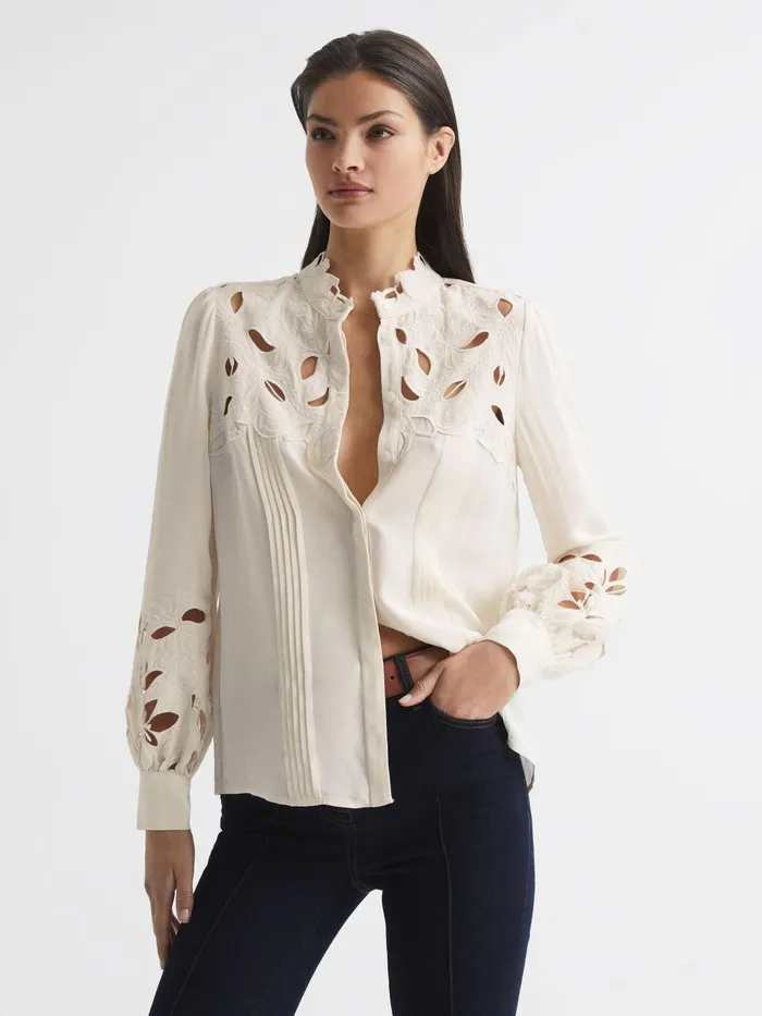 Reiss Tops Sophie Lace Detail Shirt Blouse Cream 8211 Women