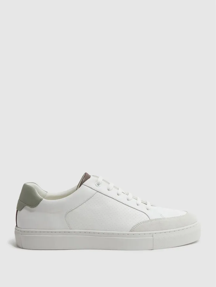Reiss Trainers Ashley Perf Leather Contrast Sole Trainers Whitesage 8211 Men