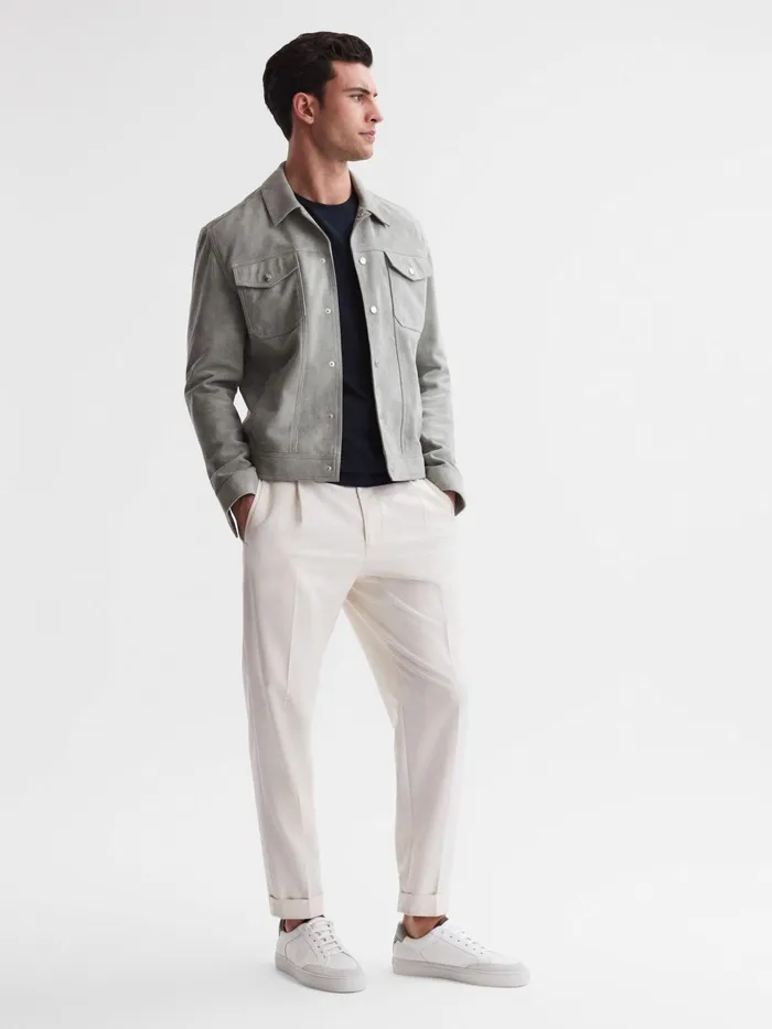 Reiss Trainers Ashley Perf Leather Contrast Sole Trainers Whitesage 8211 Men