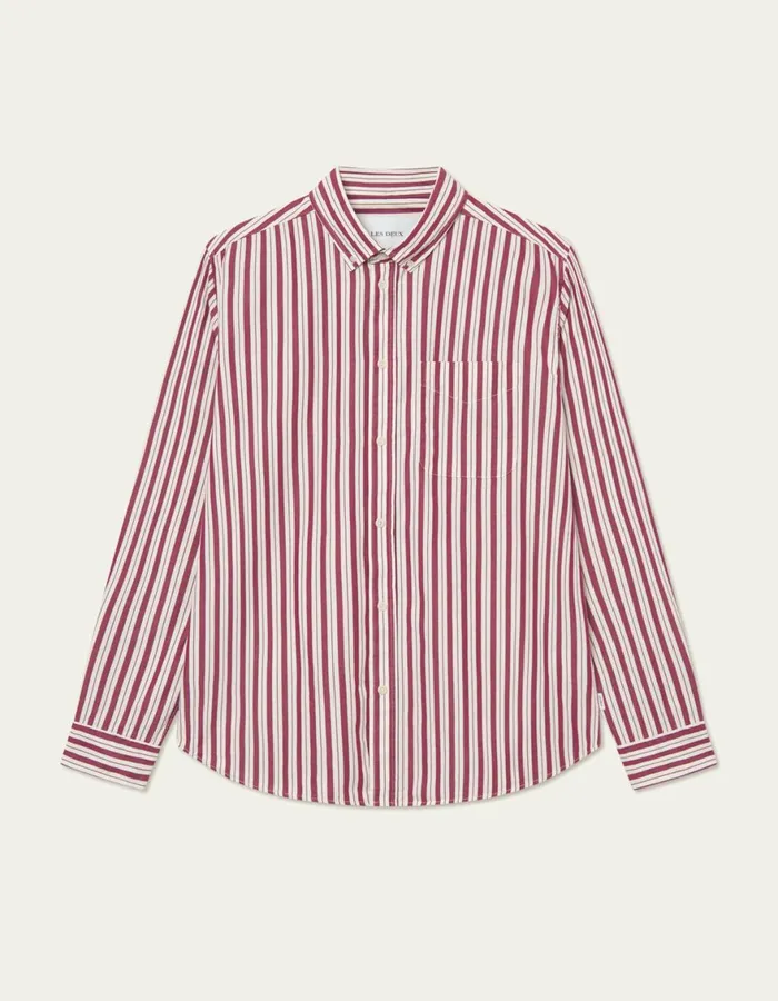 ShirtsOvershirts Men Les Deux Kent Stripe Peached Poplin Shirt 8211 Beet RedWhite