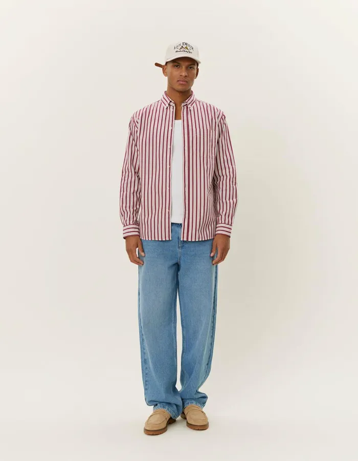 ShirtsOvershirts Men Les Deux Kent Stripe Peached Poplin Shirt 8211 Beet RedWhite