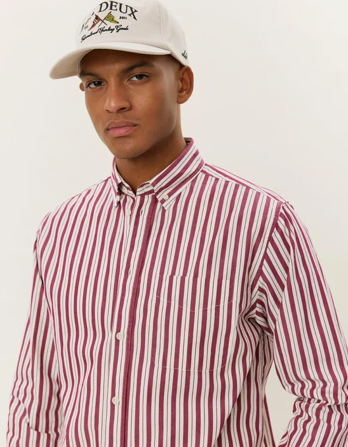 ShirtsOvershirts Men Les Deux Kent Stripe Peached Poplin Shirt 8211 Beet RedWhite