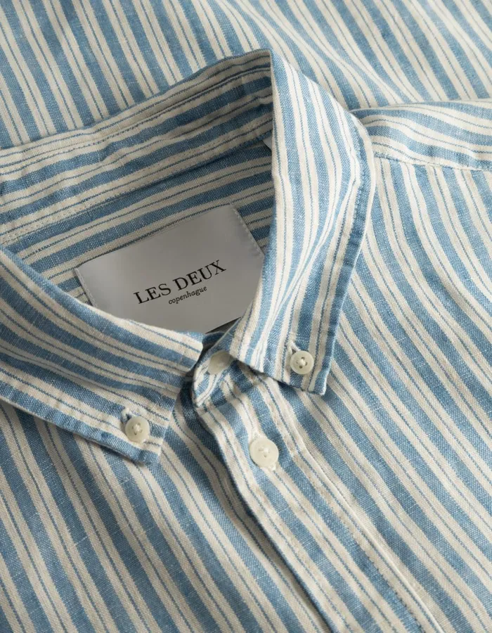 ShirtsOvershirts Men Les Deux Kristian Linen BD Shirt 8211 Washed Denim BlueIvory