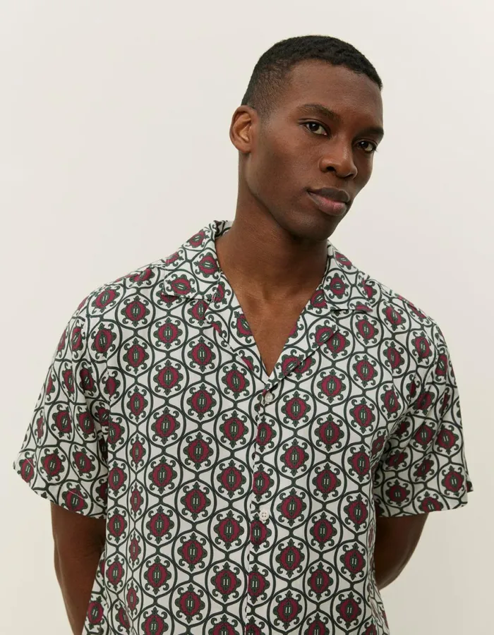 ShirtsOvershirts Men Les Deux Ornament Tencel SS Shirt 8211 IvoryChive Green