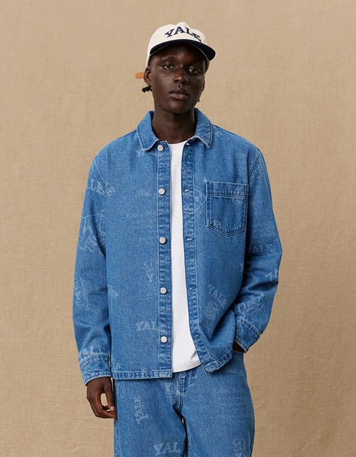 ShirtsOvershirts Men Les Deux Yale Logo Denim Overshirt 8211 Light Denim Blue