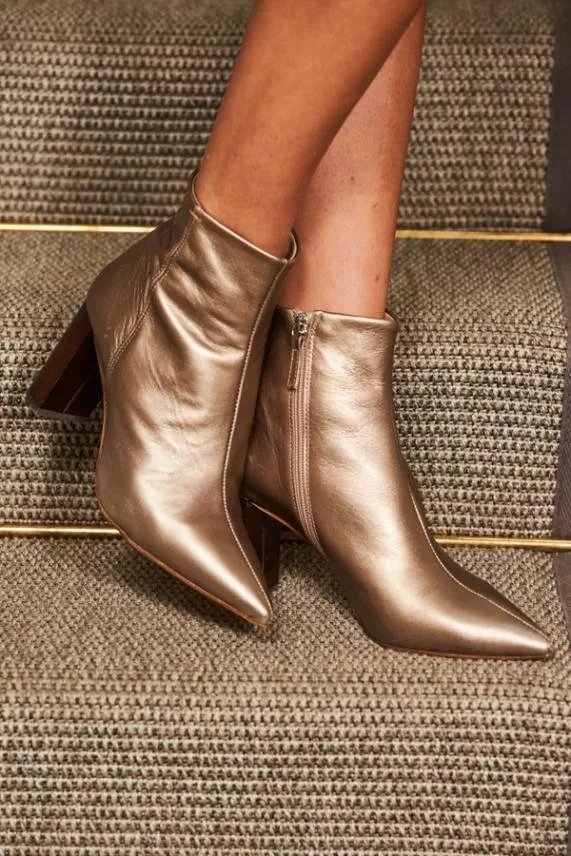 Sosandar Angel Soft Gold Leather Zip Boot With Stack Heel Women Heels