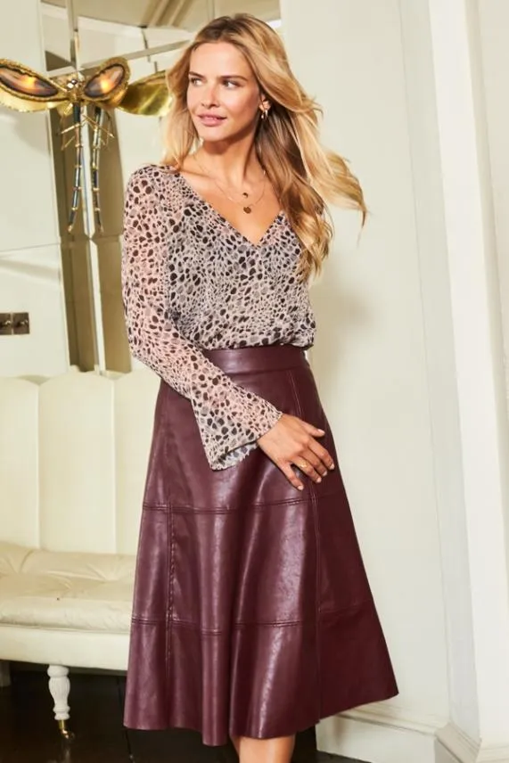 Sosandar Animal Print Fluted Sleeve V Neck Top Women Tops