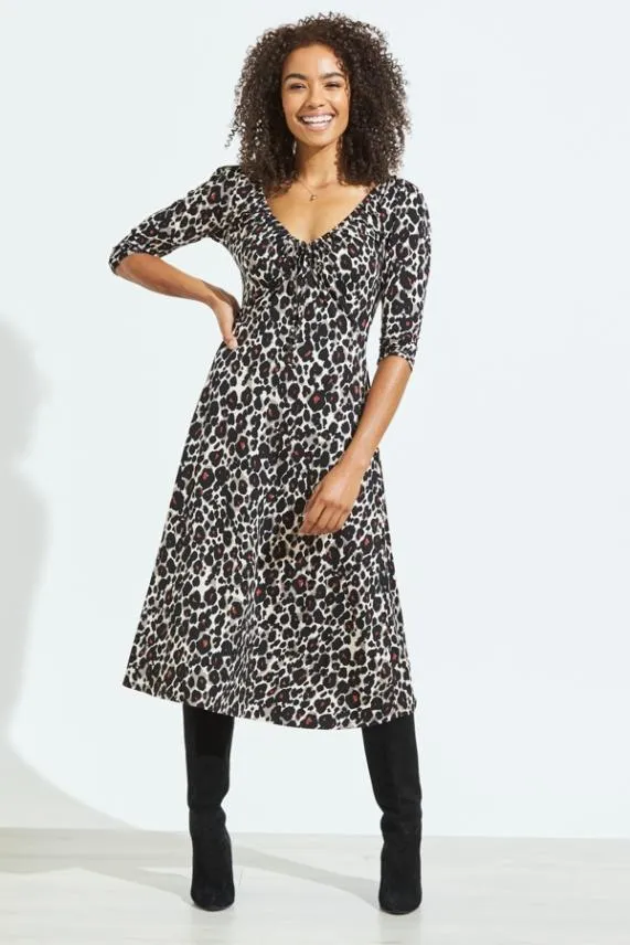 Sosandar Animal Print Ruched Front 34 Sleeve Jersey Midi Dress Women Dresses