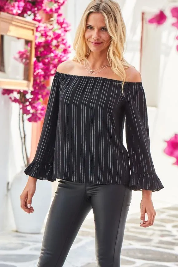 Sosandar Black and Gold Lurex Stripe Bardot Top Black Gold Women Tops