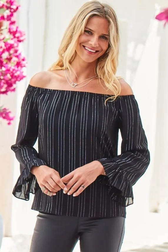 Sosandar Black and Gold Lurex Stripe Bardot Top Black Gold Women Tops