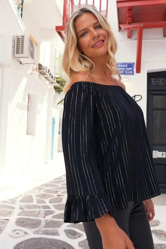 Sosandar Black and Gold Lurex Stripe Bardot Top Black Gold Women Tops