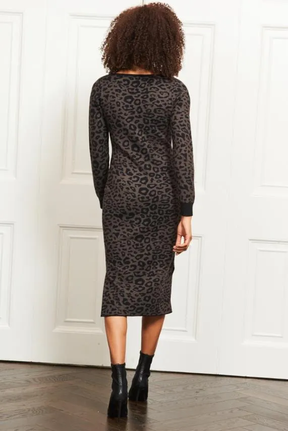 Sosandar Black and Grey Animal Print Knitted Midi Dress Black Grey Women Knitwear