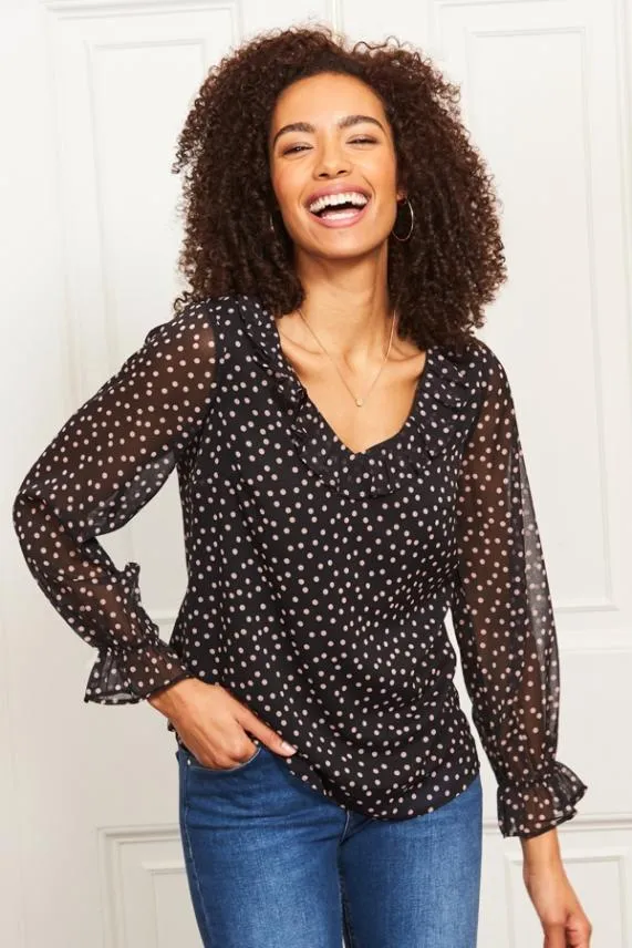 Sosandar Black and Pink Polka Dot Frill Sleeve Blouse Black Pink Women Tops