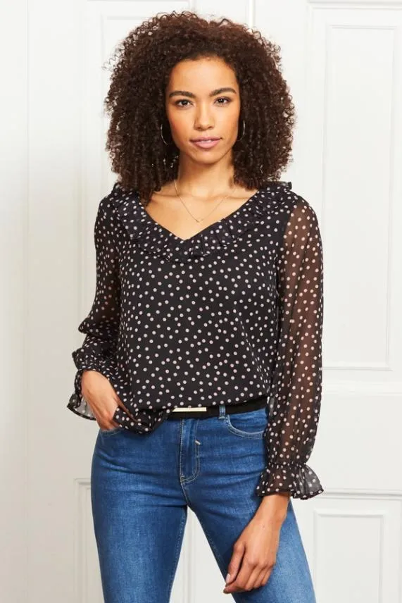 Sosandar Black and Pink Polka Dot Frill Sleeve Blouse Black Pink Women Tops