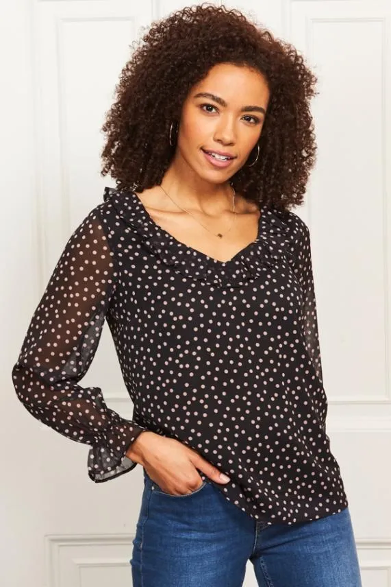 Sosandar Black and Pink Polka Dot Frill Sleeve Blouse Black Pink Women Tops