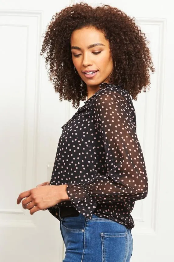 Sosandar Black and Pink Polka Dot Frill Sleeve Blouse Black Pink Women Tops