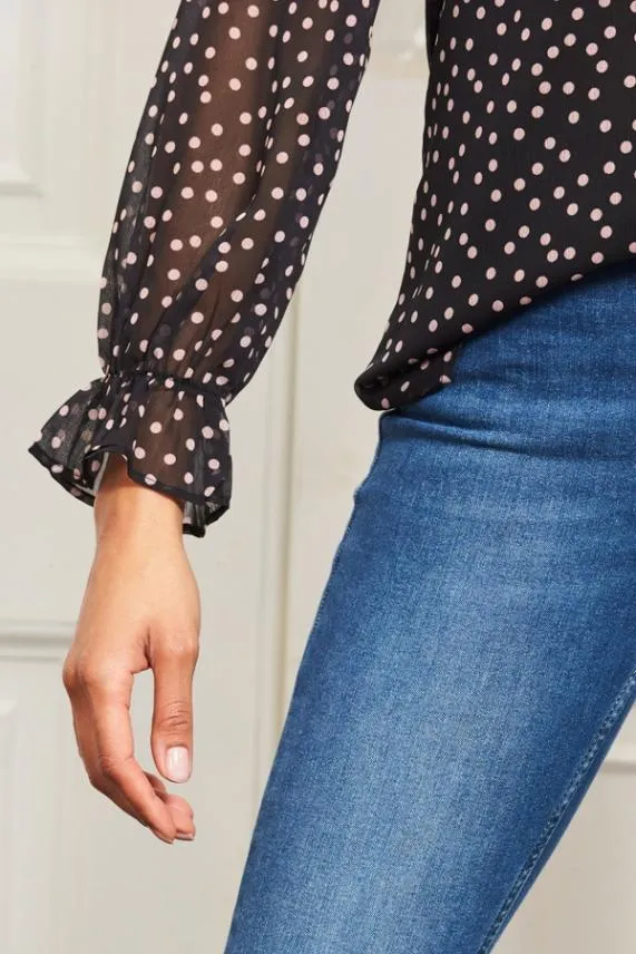 Sosandar Black and Pink Polka Dot Frill Sleeve Blouse Black Pink Women Tops