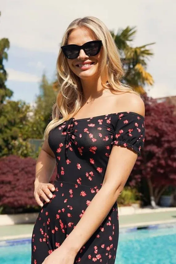Sosandar Black and Red Ditsy Floral Print Bardot Midi Dress Black Red Women Dresses