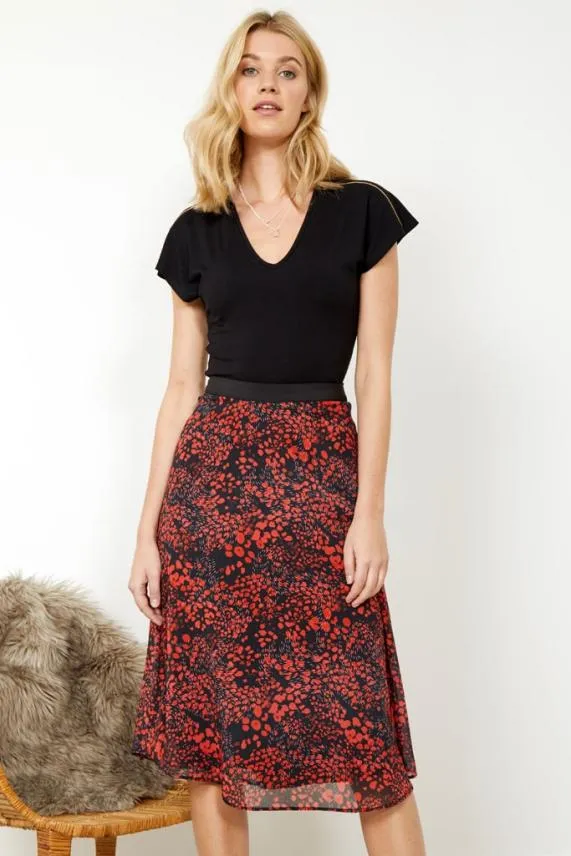Sosandar Black and Red Ditsy Poppy Print Midi Skirt Black Red Women Skirts