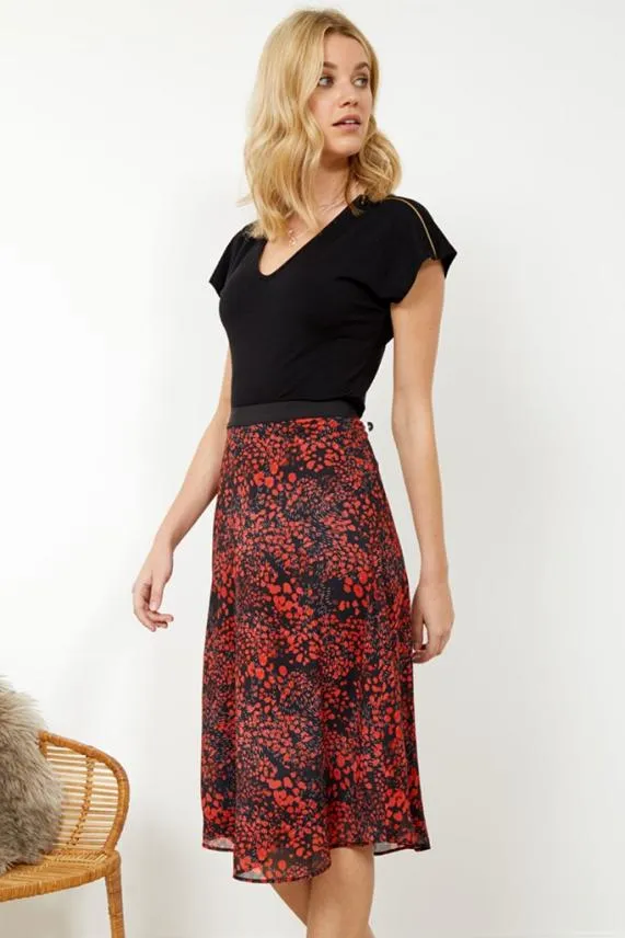 Sosandar Black and Red Ditsy Poppy Print Midi Skirt Black Red Women Skirts