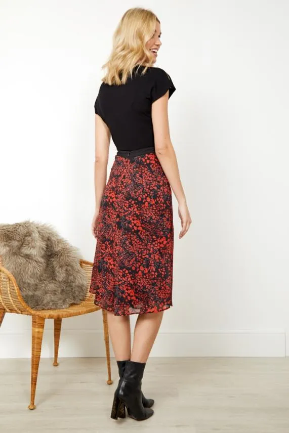 Sosandar Black and Red Ditsy Poppy Print Midi Skirt Black Red Women Skirts
