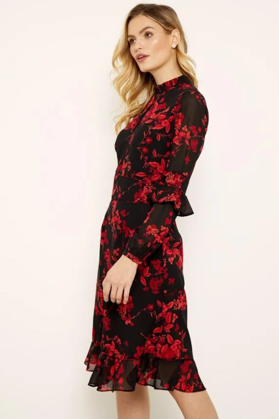 Sosandar Black and Red Floral Print Fit and Flare Ruffle Dress Black Red Women Dresses