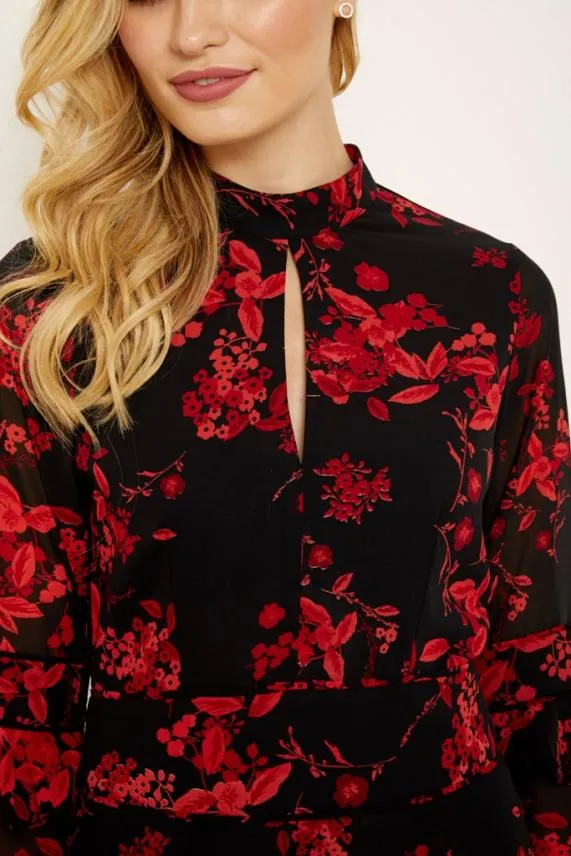 Sosandar Black and Red Floral Print Fit and Flare Ruffle Dress Black Red Women Dresses