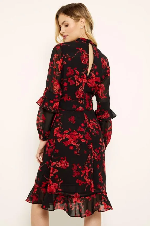 Sosandar Black and Red Floral Print Fit and Flare Ruffle Dress Black Red Women Dresses