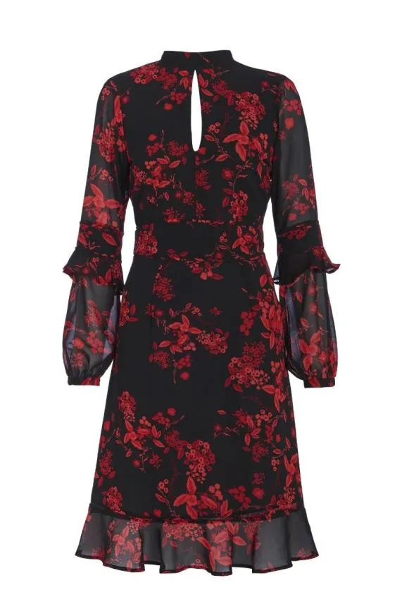Sosandar Black and Red Floral Print Fit and Flare Ruffle Dress Black Red Women Dresses