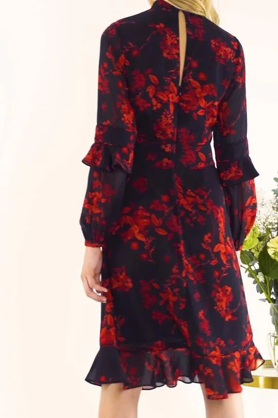 Sosandar Black and Red Floral Print Fit and Flare Ruffle Dress Black Red Women Dresses