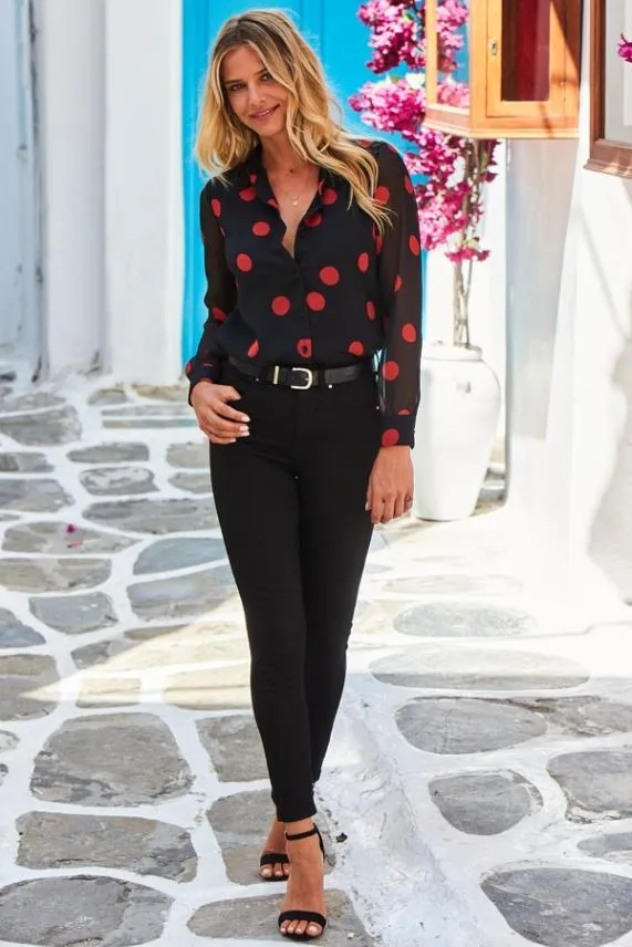 Sosandar Black and Red Spot Print Shirt Black Red Women Tops