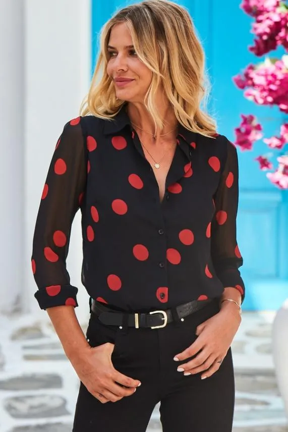 Sosandar Black and Red Spot Print Shirt Black Red Women Tops