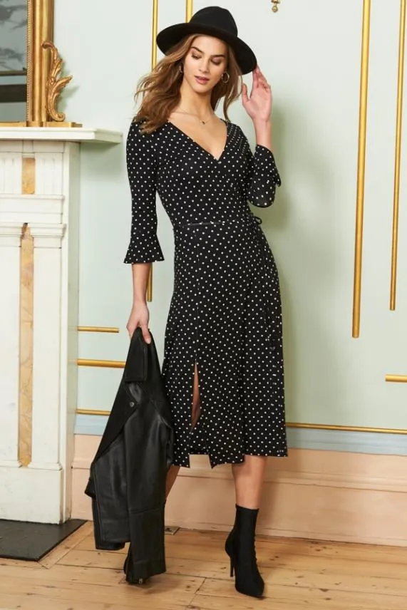 Sosandar Black and White Polka Dot Split Detail Jersey Dress Black White Women Dresses Sosandar Black and White Polka Dot Split Detail Jersey Dress Black White Women Dresses