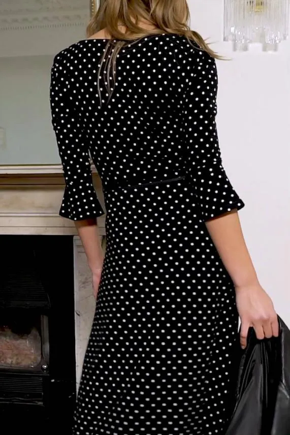 Sosandar Black and White Polka Dot Split Detail Jersey Dress Black White Women Dresses