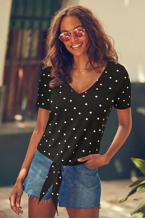Sosandar Black and White Spot Print Premium Jersey Tie Front T Shirt Black White Women Tops Sosandar Black and White Spot Print Premium Jersey Tie Front T Shirt Black White Women Tops