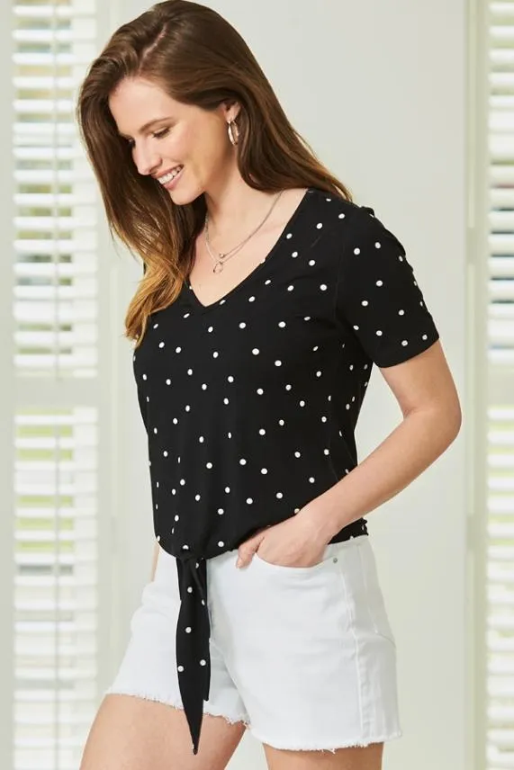 Sosandar Black and White Spot Print Premium Jersey Tie Front T Shirt Black White Women Tops