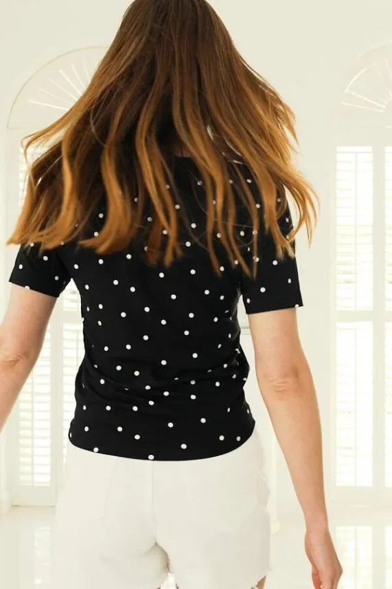 Sosandar Black and White Spot Print Premium Jersey Tie Front T Shirt Black White Women Tops