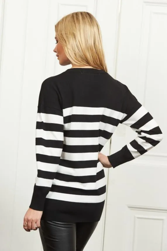 Sosandar Black and White Stripe Relaxed Fit Jumper Black White Women Knitwear