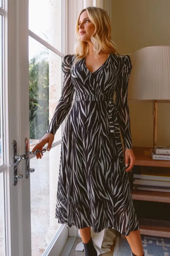 Sosandar Black and White Zebra Print Ruched Sleeve Mesh Wrap Dress Black White Women Dresses Sosandar Black and White Zebra Print Ruched Sleeve Mesh Wrap Dress Black White Women Dresses