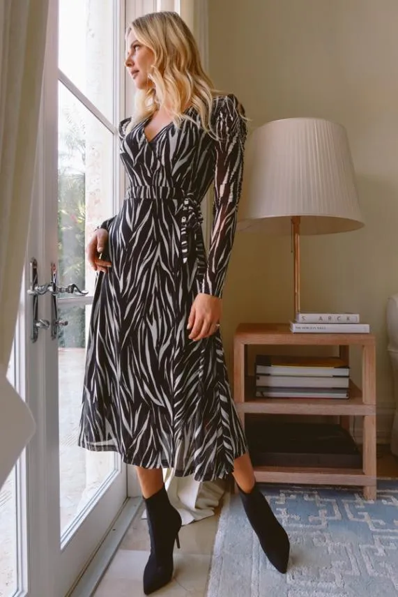 Sosandar Black and White Zebra Print Ruched Sleeve Mesh Wrap Dress Black White Women Dresses