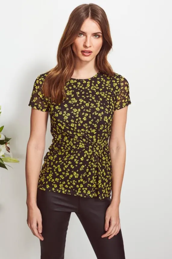 Sosandar Black and Yellow Ditsy Floral Print Mesh Top Black Yellow Women Tops Sosandar Black and Yellow Ditsy Floral Print Mesh Top Black Yellow Women Tops