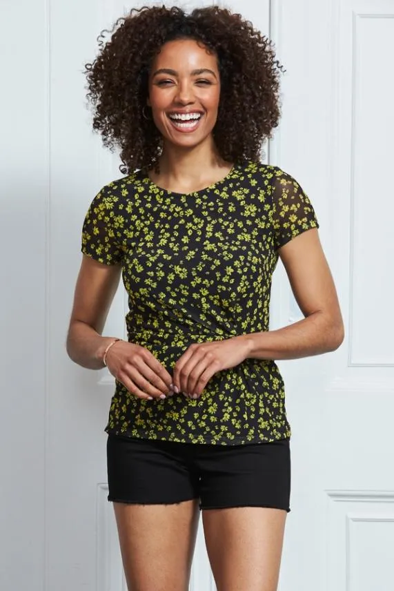 Sosandar Black and Yellow Ditsy Floral Print Mesh Top Black Yellow Women Tops