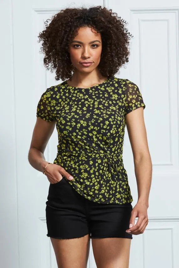 Sosandar Black and Yellow Ditsy Floral Print Mesh Top Black Yellow Women Tops