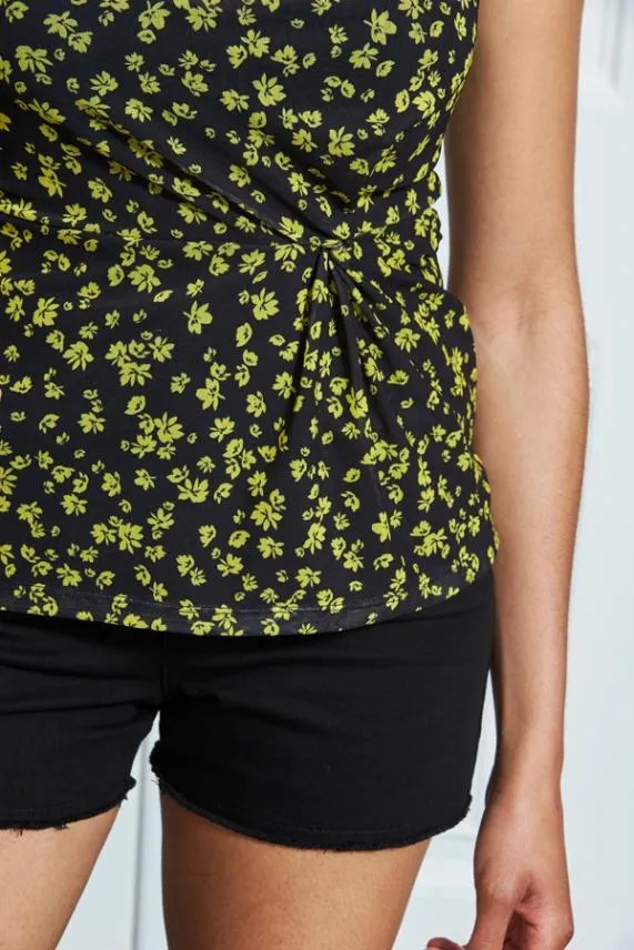 Sosandar Black and Yellow Ditsy Floral Print Mesh Top Black Yellow Women Tops