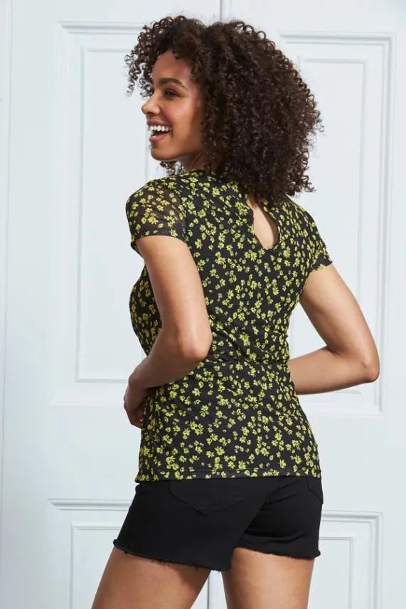 Sosandar Black and Yellow Ditsy Floral Print Mesh Top Black Yellow Women Tops
