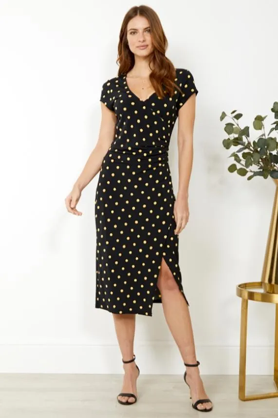 Sosandar Black and Yellow Spot Wrap Front Dress Black Yellow Women Dresses