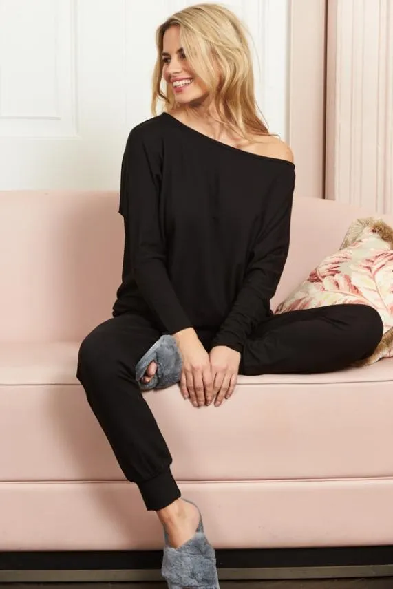 Sosandar Black Batwing Sleeve Jersey Loungewear Top Black Women Nightwear